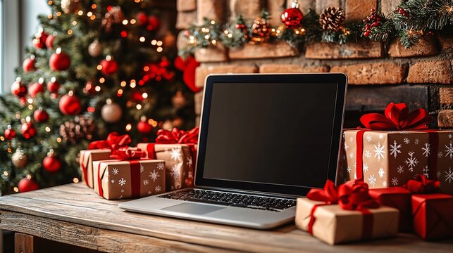 3D render featuring a podium with blank screen smartphone laptop and tablet surrounded by Christmas decorations such as gift boxes twinkling lights and snowflakes A large festive tree stands in the