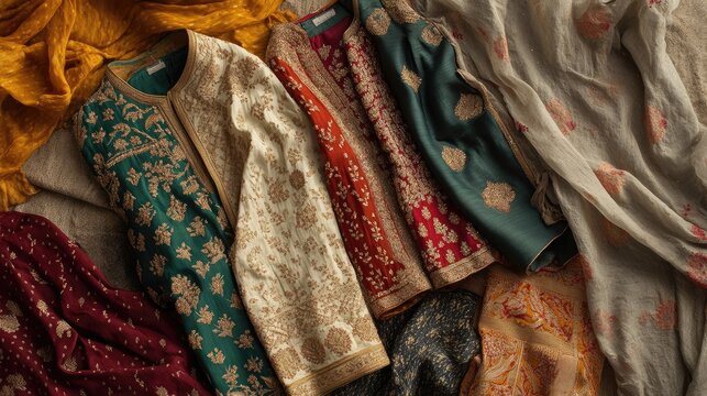 Flat lay of embroidered Indian kurtis with matching leggings and dupattas, styled on a warm, textured fabric backdrop.