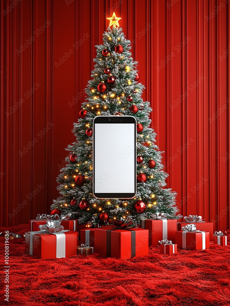 Aufkleber 3d-rendered scene showing blank screen devices set on a holiday podium with a christmas tree adorned