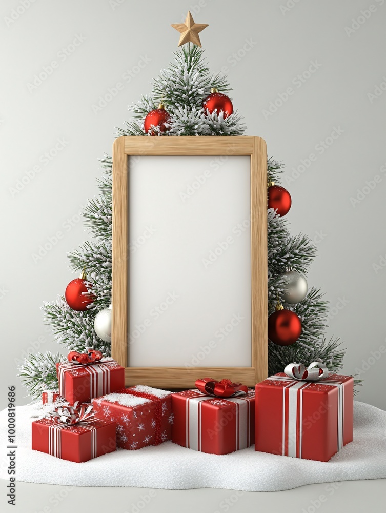 Poster 3d-rendered scene showing blank screen devices set on a holiday podium with a christmas tree adorned