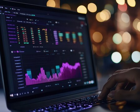 User analyzing data on laptop with vibrant analytics display.