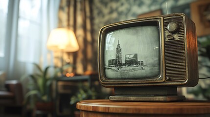 Nostalgic Vibes: Close-Up of Vintage Television Set with Black-and-White Images in Cozy Retro Living Room
