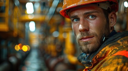 Fototapeta premium A determined worker in an industrial setting, showcasing his resilience during a demanding task at dusk. Generative AI
