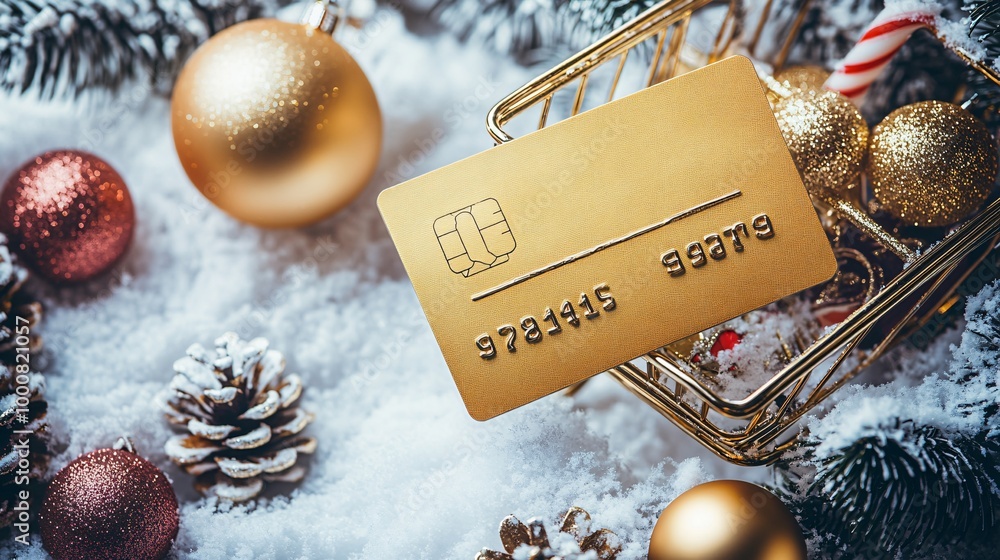 Poster golden credit card positioned next to a shopping cart filled with presents christmas decorations lik