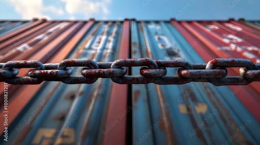 Poster a close-up of a rusty chain in front of colorful shipping containers, showcasing industrial textures