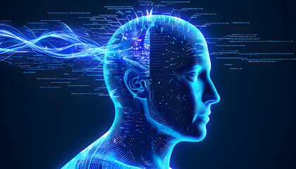 Visually represent the flow of data or light in the form of a human, Add digital patterns or flows around the head to make it look like the AI ​​is understanding human thoughts.