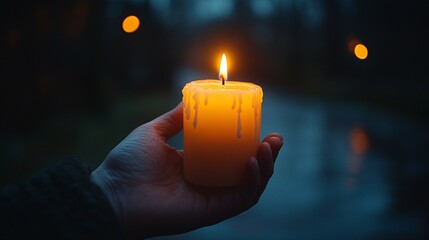 Embracing Hope: Person Lighting Candle at Peace Vigil for Reflection and Tranquility Outdoors at Dusk
