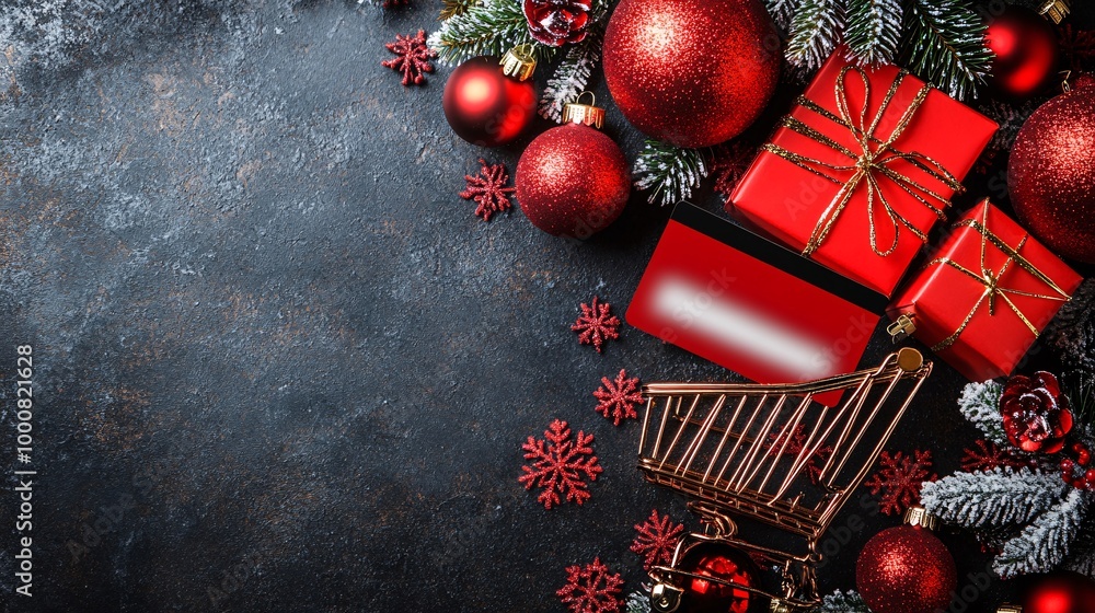 Poster Minimalist Christmas shopping concept with a credit card and a small cart surrounded by holiday decorations Gift boxes and a sparkling tree in the background snowflakes adding a touch of winter Large