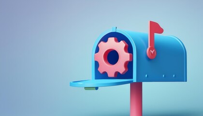 Naklejka premium Colorful mailbox with a gear symbol, symbolizing communication and ideas.