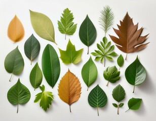 Fototapeta premium Collage con hojas de diferentes arboles sobre fondo blanco