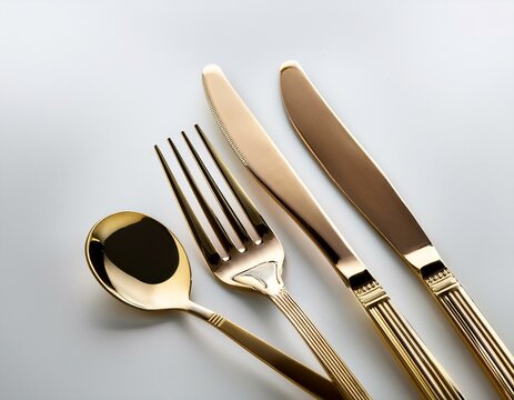 cubiertos cuchara, tenedor, cuchillo sobre un mantel o mesa blanca preparados para comer, simbolo de gastronom&iacute;a creativa y de calidad