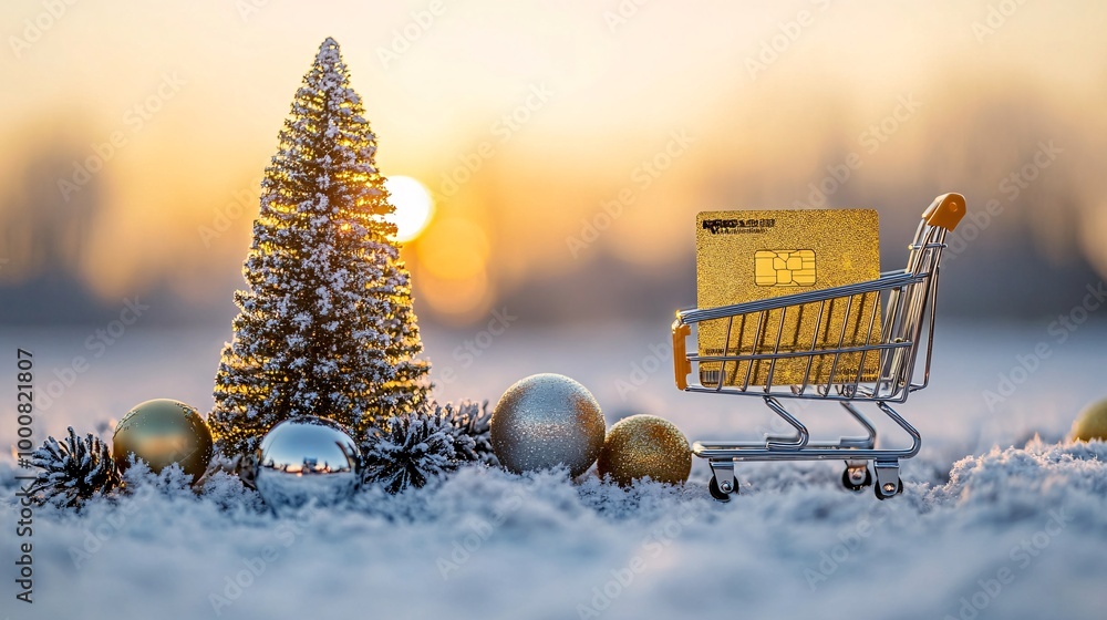 Poster credit card standing upright next to a shopping cart with a large wrapped gift snow-covered ground c
