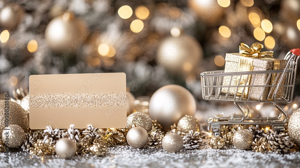 Poster credit card standing upright next to a shopping cart with a large wrapped gift snow-covered ground c