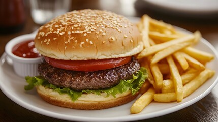 A mouthwatering burger with lettuce, tomato, and a side of crispy fries served with ketchup on a white plate.