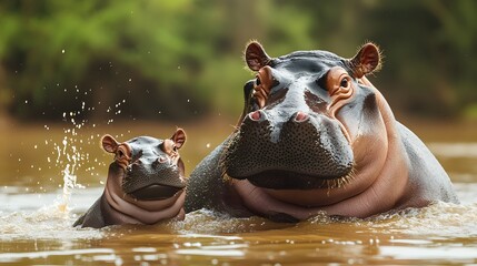Fototapeta premium A mother hippo and her baby swim in a river, surrounded by lush greenery, showcasing their bond in a natural habitat.