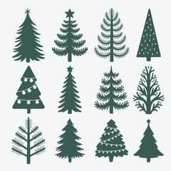 Set of Christmas tree with ornaments vector illustration, Holiday icons, Simple flat festive chiasmas tree collection Pine tree