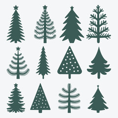 Set of Christmas tree with ornaments vector illustration, Holiday icons, Simple flat festive chiasmas tree collection Pine tree