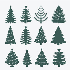 Set of Christmas tree with ornaments vector illustration, Holiday icons, Simple flat festive chiasmas tree collection Pine tree