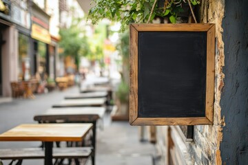 A blank wooden chalkboard sign hanging outside a with rough wood edges and a quaint street in the background.