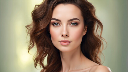 Naklejka premium Portrait of a woman with wavy brown hair, exuding elegance and grace through her subtle expression and style.