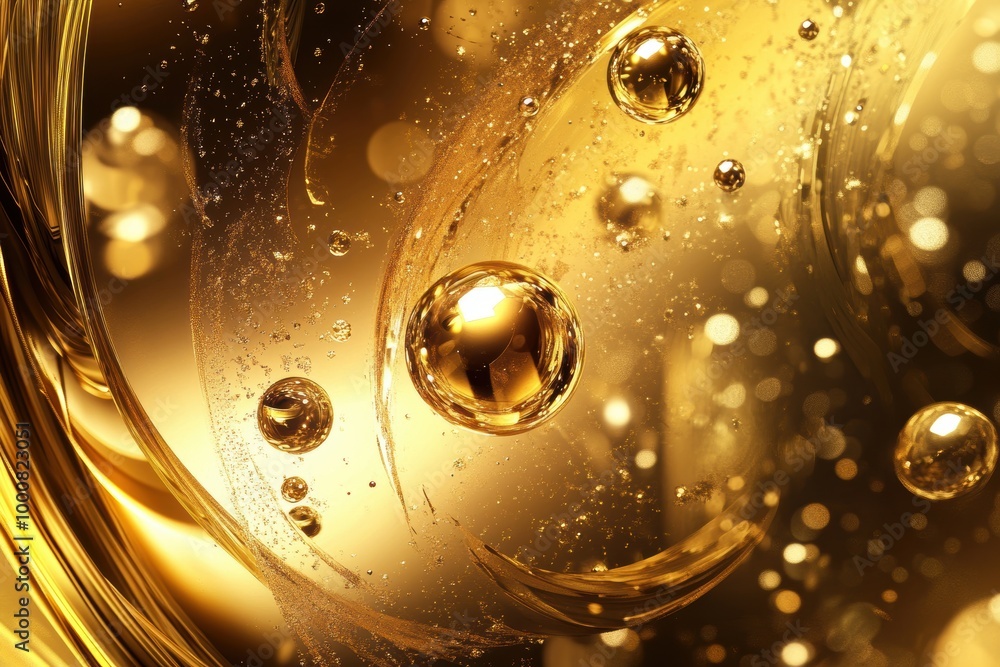 Poster abstract golden liquid with round bubbles and bokeh effect.