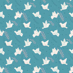Pigeons seamless pattern. Flying birds on sky repeat background. Vector hand drawn illustration.
