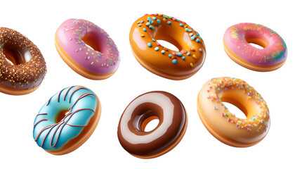 Collection of donut 3d icon cartoon style floating on transparency background 