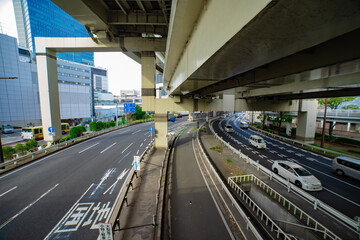 A cityscape of traffic jam at the city street in Yokohama in autumn wide shot