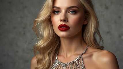 A glamorous blonde woman wearing a metallic statement necklace and intricate dress, exuding elegant sophistication.