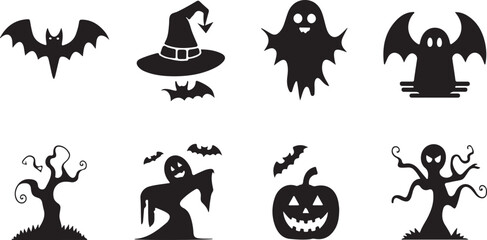 A vector silhouette image of Halloween Icons Set with a white background