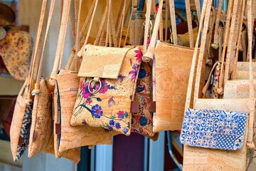 Cork handbags. Traditional portuguese souvenirs.