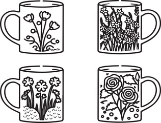 Line art illustration of four mugs with a unique garden scene