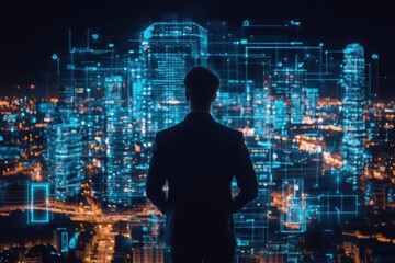 A tech entrepreneur in a futuristic smart city discussing nextgen business solutions, Smart City Entrepreneurship, Business opportunities in future urban developments