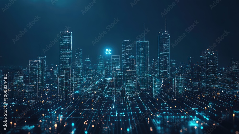 Poster a city skyline with glowing digital grids and data overlays, showing the integration of smart city t