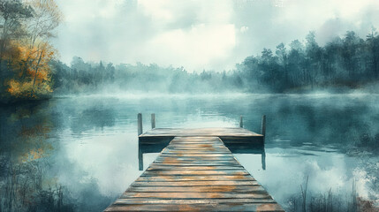 Fototapeta premium serene lakeside retreat featuring wooden dock extending into misty lake surrounded by trees. tranquil atmosphere invites relaxation and reflection