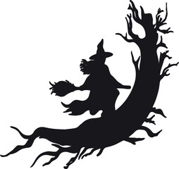 Silhouette of a witch flying on a broomstick with the moon in the background