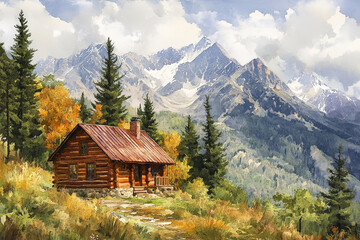 Obraz premium picturesque mountain cabin nestled among vibrant trees, surrounded by majestic peaks and serene landscape. scene evokes sense of tranquility and connection to nature