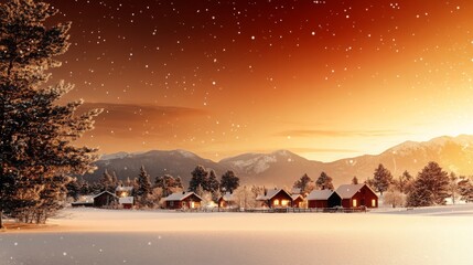 Fototapeta premium Winter Wonderland Cabin Sunset Snowy Mountains