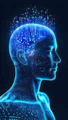 Visually represent the flow of data or light in the form of a human, Add digital patterns or flows around the head to make it look like the AI ​​is understanding human thoughts.