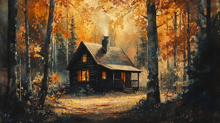 cozy cabin nestled in vibrant autumn forest, surrounded by tall trees with colorful leaves. warm glow from windows invites sense of peace and tranquility