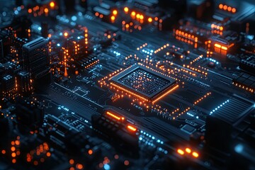Fototapeta premium A computer processor with glowing circuits and data pulses, symbolizing advanced computing technology and microchip development.