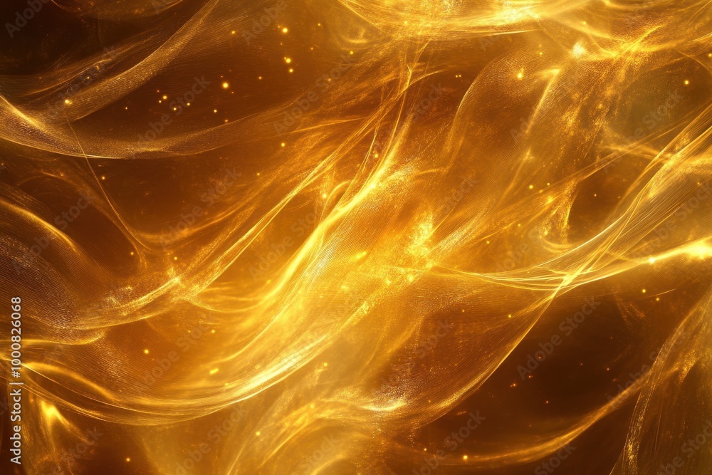 Poster abstract golden background with glowing lines and light particles.