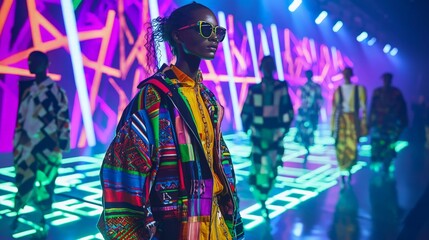 Fototapeta premium Vibrant Streetwear Styles on Futuristic Runway