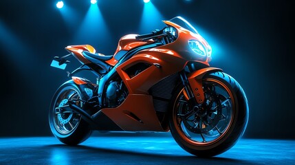 A shiny red motorcycle in a blue lit studio.