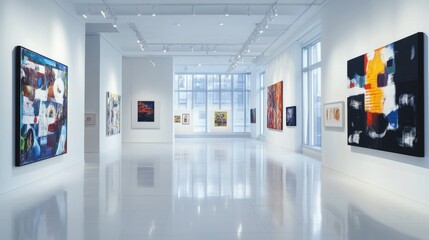 A contemporary gallery space with smooth white floors, large art pieces on the walls, and bright, natural light flooding the room.
