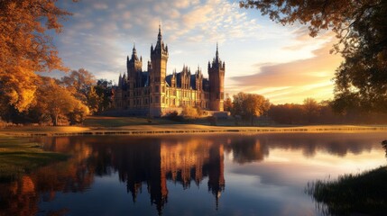 Obraz premium Majestic Castle Reflection at Sunset