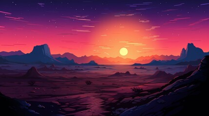 Naklejka premium Sunset over a Mountainous Landscape with a Large Sun and Stars in the Sky