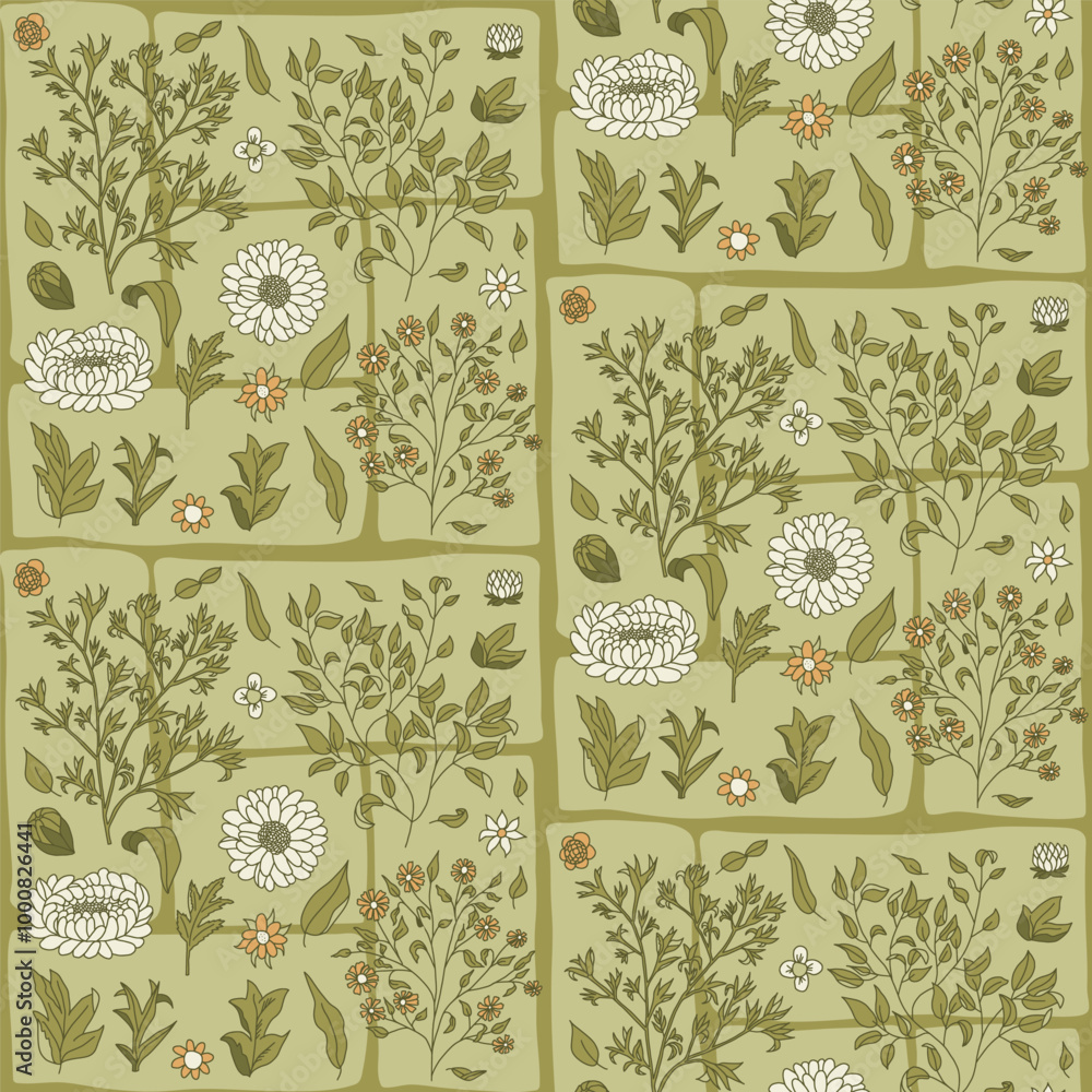 Poster seamless pattern with white chrysanthemums and leafy branches on a block green background. vector re