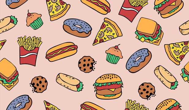 Cute fast food pattern background vector design