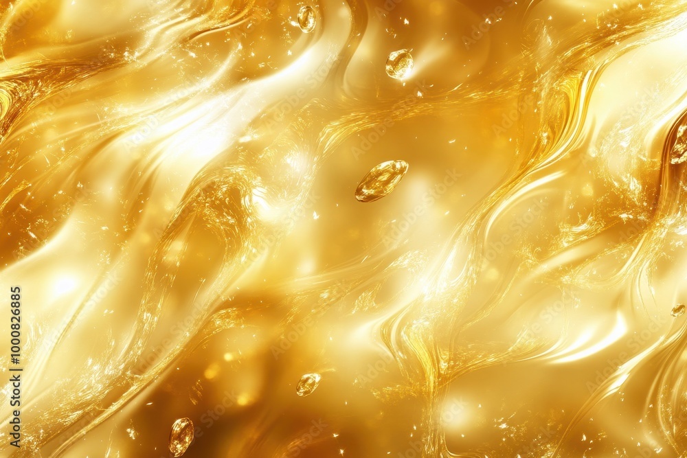 Poster abstract golden liquid background with floating orbs and swirls.